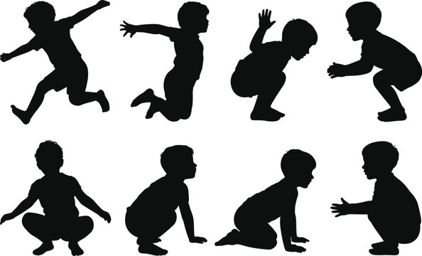 Children silhouettes jumping squatting crawling and playing poses collection, active kids body movement set isolated on white background, childhood activity concept