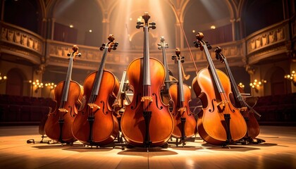 Fototapeta premium A Baroque Collection of String Instruments, Including Violins and Cellos, Elegantly Arranged on a Concert Stage
