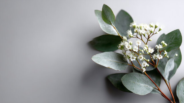 A small sprig of eucalyptus leaves with delicate white flowers, surrounded by a soft light gray background for minimalist elegance
