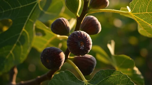 Close-up view of ripe purple figs growing on a fig tree branch with green leaves in natural sunlight.