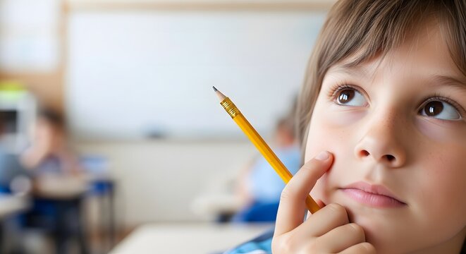 Curious Child Student Thinking and Looking Up for Inspiration