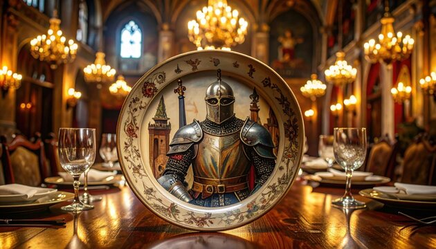 Decorative ceramic charger plate featuring a hand-painted medieval knight in full armor, set on a table in a grand dining hall.