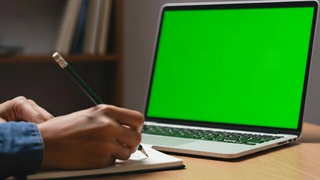 Person taking notes while working on a laptop with a green screen display