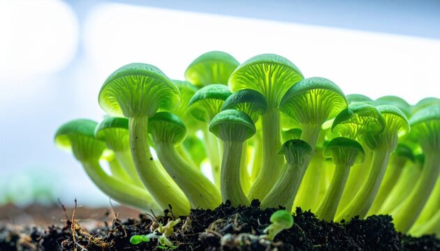 Close up macro shot of edible bioluminescent fungi glowing softly on a nutrient rich substrate