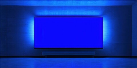 Minimalist interior features bright blue rectangle wall display. Dark room creates dramatic lighting effect. Modern design aesthetic.