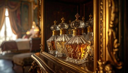 Collection of antique ornate glass perfume bottles with golden stoppers displayed in an opulent setting