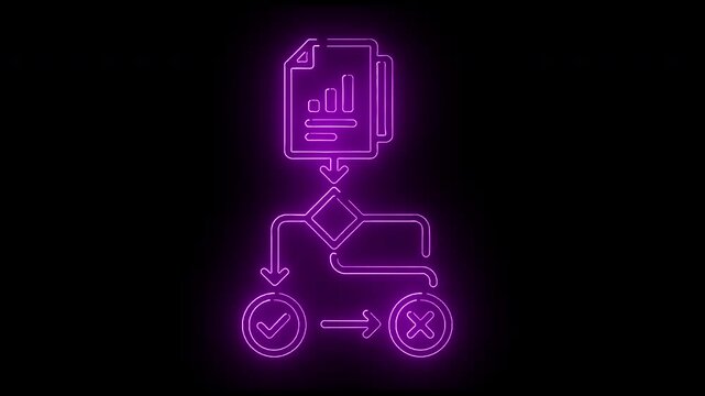 Neon purple flowchart icon with checklist and cross symbols on a black background.