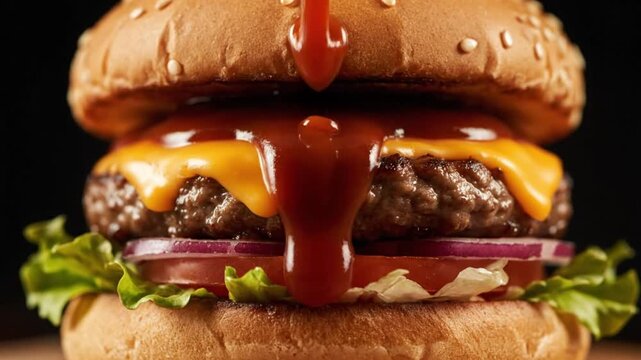 Double Cheeseburger with Ketchup Being Poured.