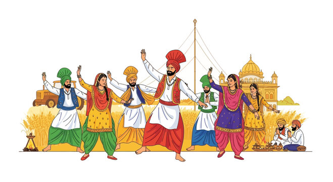 Joyful Punjabi folk dancers celebrate a bountiful harvest festival with traditional Bhangra and Giddha moves, surrounded by golden wheat fields and a majestic temple building