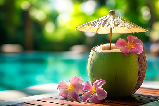 Fresh Coconut Drink with Flower and Umbrella by Swimming Pool