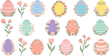 Decorative Floral Easter Eggs Vector Set with Spring Flowers Pastel Holiday Egg Frames Botanical Elements for Greeting Cards and Festive Design © MbBasir