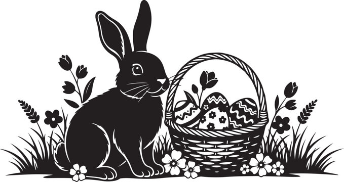 Black and white Easter bunny with decorated eggs basket