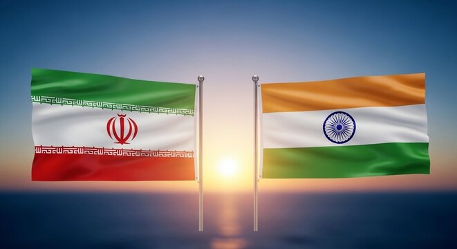 Iranian and Indian flags waving side by side at sunset news technology template background download 2026 2027