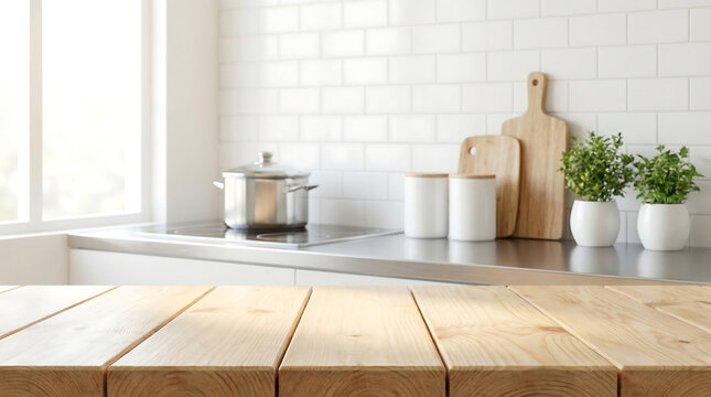 Empty light brown wooden table top with blurred modern kitchen background, perfect for product display, food photography, or kitchen design mockups.