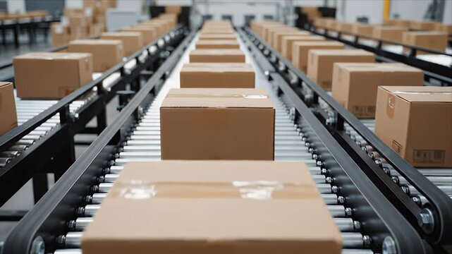 Cardboard Boxes Moving on a Conveyor Belt in a Warehouse Factory Automated Logistic System Shipping Distribution Center