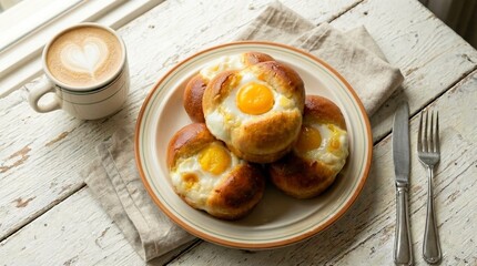 A cozy breakfast featuring a stack of freshly baked Korean egg breads and a cup of cafe latte with heart art on a distressed white wooden table.