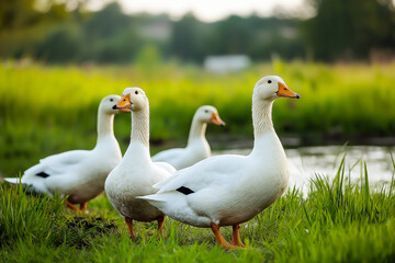 Group of white ducks standing on green grass beside peaceful farm pond