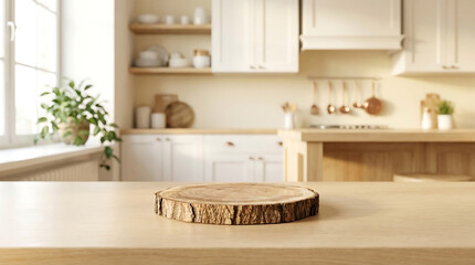 Empty rustic wooden log slice product display stand on a light wood kitchen island countertop with a blurred modern farmhouse kitchen background, ideal for food or home product presentations.