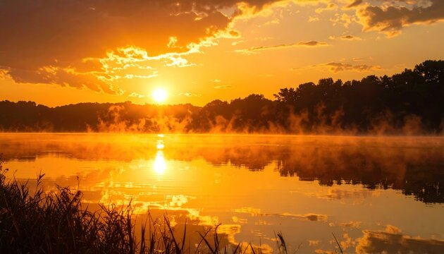 Golden sunrise over misty lake with reflection and treeline