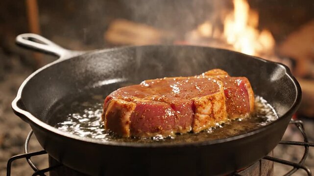 Close-up of a juicy marinated steak searing in a hot cast iron skillet over an open fire, creating delicious aromas and rich flavors for a rustic outdoor dinner. Perfect for gourmet home cooking.