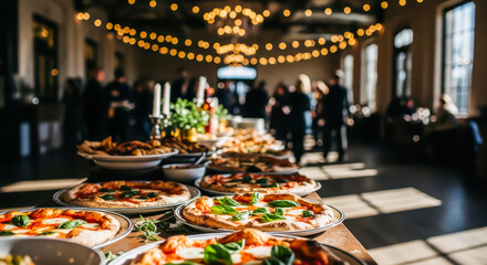 Fototapeta premium Blurred elegant wedding reception venue with string lights and catering tables decorated with gourmet appetizers and food