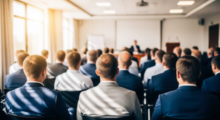 Fototapeta premium Blurred professional business conference audience sitting in rows during corporate seminar presentation in modern hall