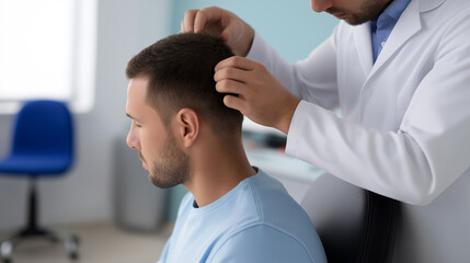 Fototapeta premium Barber cutting a man's hair with scissors during a professional haircut in a barbershop.