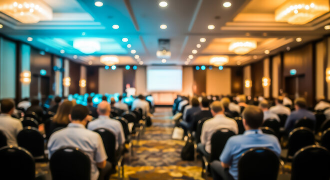 Blurred professional conference hall with audience attending business seminar in modern corporate meeting space