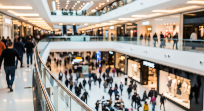 Blurred modern shopping mall interior with multiple levels showing escalators, retail stores and busy shoppers during daytime