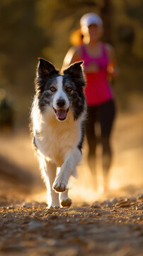 Border collie dog running on a trail with a woman jogging in the background.