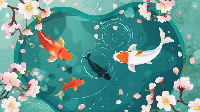 Colorful koi fish swimming in tranquil pond with cherry blossoms