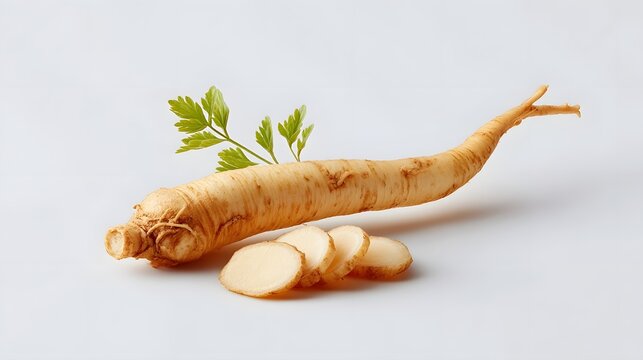 Detailed view of a raw ginseng root its prepared slices and a fresh green sprig highlighting its natural form texture and potential health benefits on a stark white backdrop