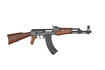 Detailed miniature AK-47 assault rifle model with wood accents isolated on a white back