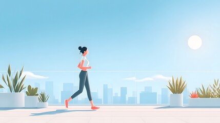 Obraz premium Illustrative depiction of a fit woman engaged in morning exercise by running along a city rooftop terrace with a clear blue sky distant buildings