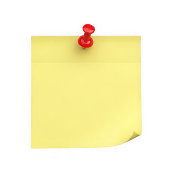Yellow sticky note pinned with red thumbtack isolated on transparent background