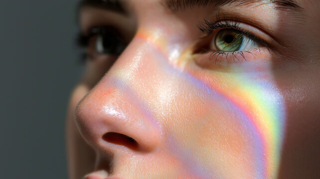 Close-up portrait of a woman with a rainbow light reflection across her face.