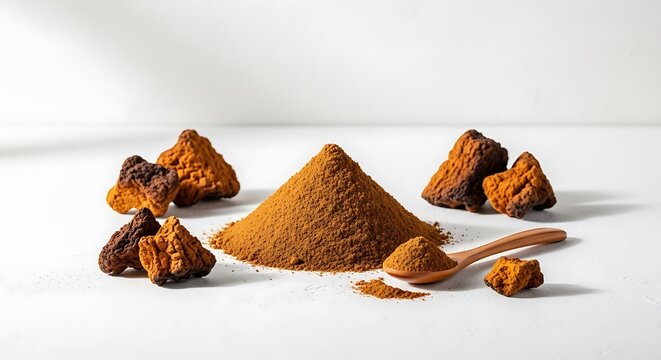 Chaga mushroom powder and chunks on white background, natural health supplement. chaga powder 