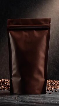 Coffee Beans Falling Around a Blank Matte Brown Stand Up Pouch