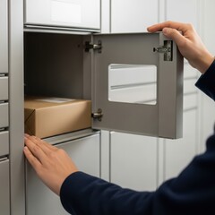 Person opening a locker with a package inside the compartment
