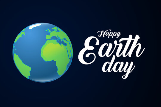 Happy Earth Day greeting banner. Vector illustration with a glossy blue and green globe and elegant white lettering on a dark background.