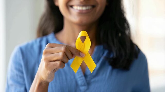 Smiling woman holding yellow awareness ribbon, endometriosis awareness month support, chronic pelvic pain advocacy, reproductive health education, fertility challenges, invisible illness journey