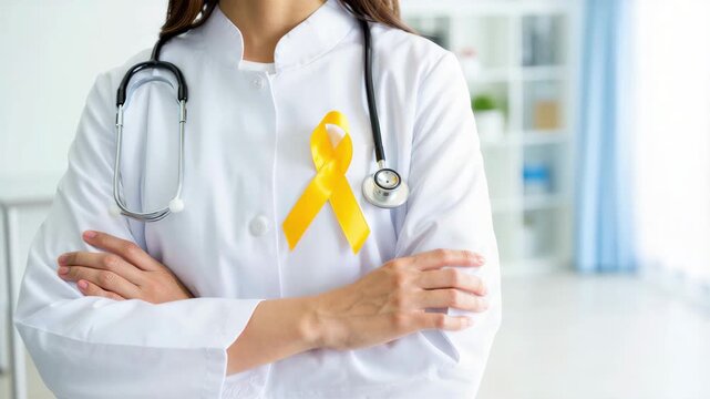 Doctor wearing yellow ribbon for endometriosis awareness month, gynecology pelvic pain recognition, infertility support, diagnosis delay education, excision surgery referral, patient advocacy