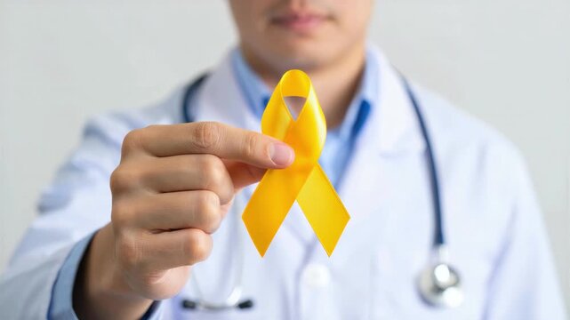 Yellow ribbon held by doctor symbolizing endometriosis awareness, healthcare support, physician advocacy, medical care, endometriosis awareness month, raising public consciousness, health education
