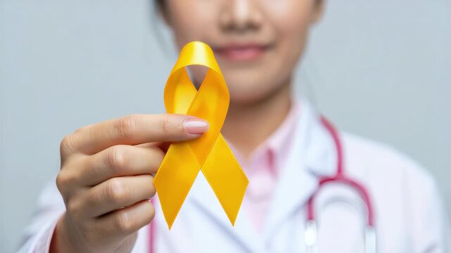 Female doctor holding yellow awareness ribbon, endometriosis awareness month campaign, pelvic pain painful periods infertility support, diagnosis delay hormone imbalance inflammation