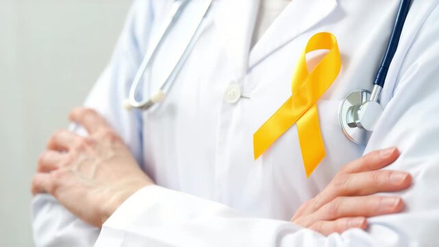 Yellow ribbon on doctor coat with stethoscope, endometriosis awareness advocacy for women health, reproductive visibility, healthcare support, patient empowerment, stigma reduction awareness