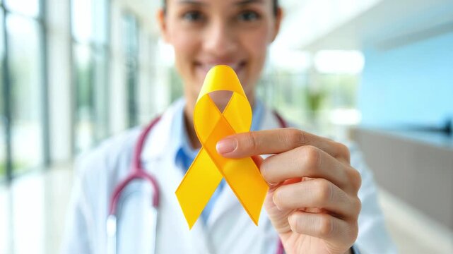 Yellow ribbon for endometriosis awareness month held by female doctor in clinic corridor, gynecology healthcare support, pelvic pain painful periods infertility, diagnosis delay, excision surgery