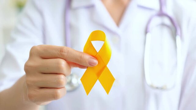 Yellow ribbon in doctor hand, endometriosis awareness month focus, reproductive health education, gynecology clinic communication, fertility center campaign, women health program outreach