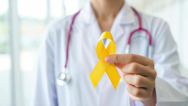 Yellow ribbon symbolizing endometriosis awareness held by doctor, highlighting women's reproductive health, chronic pain advocacy, gynecology awareness, healthcare support initiatives