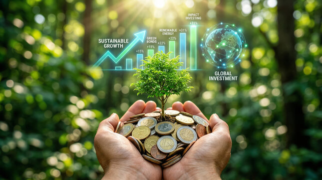 Sustainable Investment Growth Concept with Plant Growing from Coins in Hands