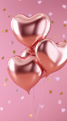 Obraz premium Pink heart shaped foil balloons floating with confetti on pastel background representing love, celebration and romantic event.